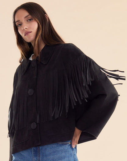 Carrie Cropped Fringe Suede Jacket | Cynthia Rowley Clothing