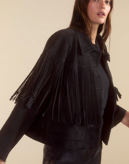 Carrie Cropped Fringe Suede Jacket | Cynthia Rowley Clothing