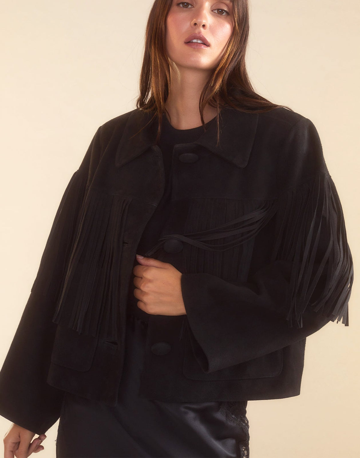 Carrie Cropped Fringe Suede Jacket | Cynthia Rowley Clothing